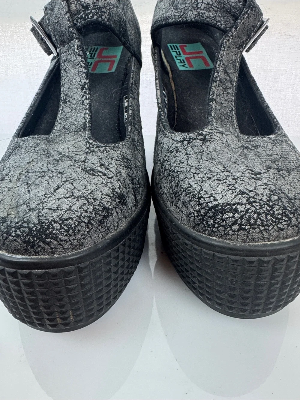 JC Play Jeffery Campbell Gray Black Marbled T-Strap buckle Platform Heels  Size8